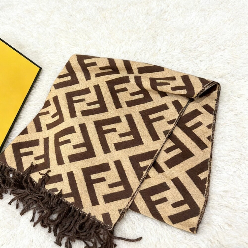 Fendi Beige Chocolate Large FF Fringe Scarf - Picture 1 of 4